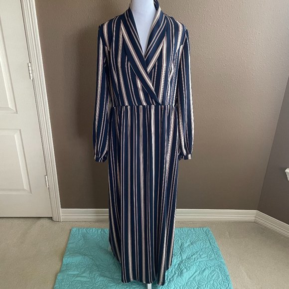 Navy Stripe Surplice Collar Long Sleeve Dress Overlay - Picture 1 of 11